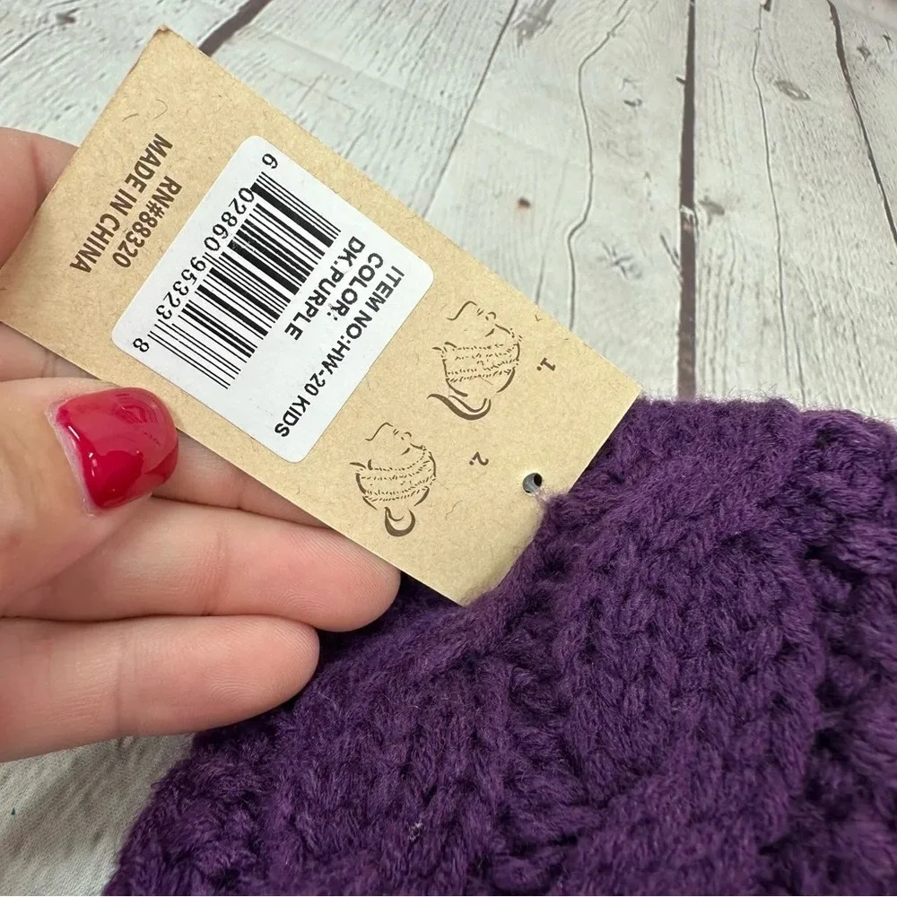 NWT boutique C.C. beanie and headband deep purple kids messy bun beanie tail